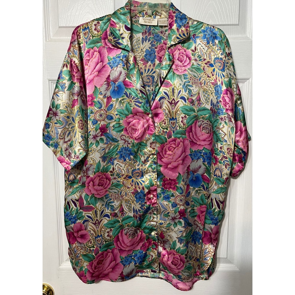 Victorias Secret Floral Satin Pajama Top Short Sleeve Button Up Womens P/S
